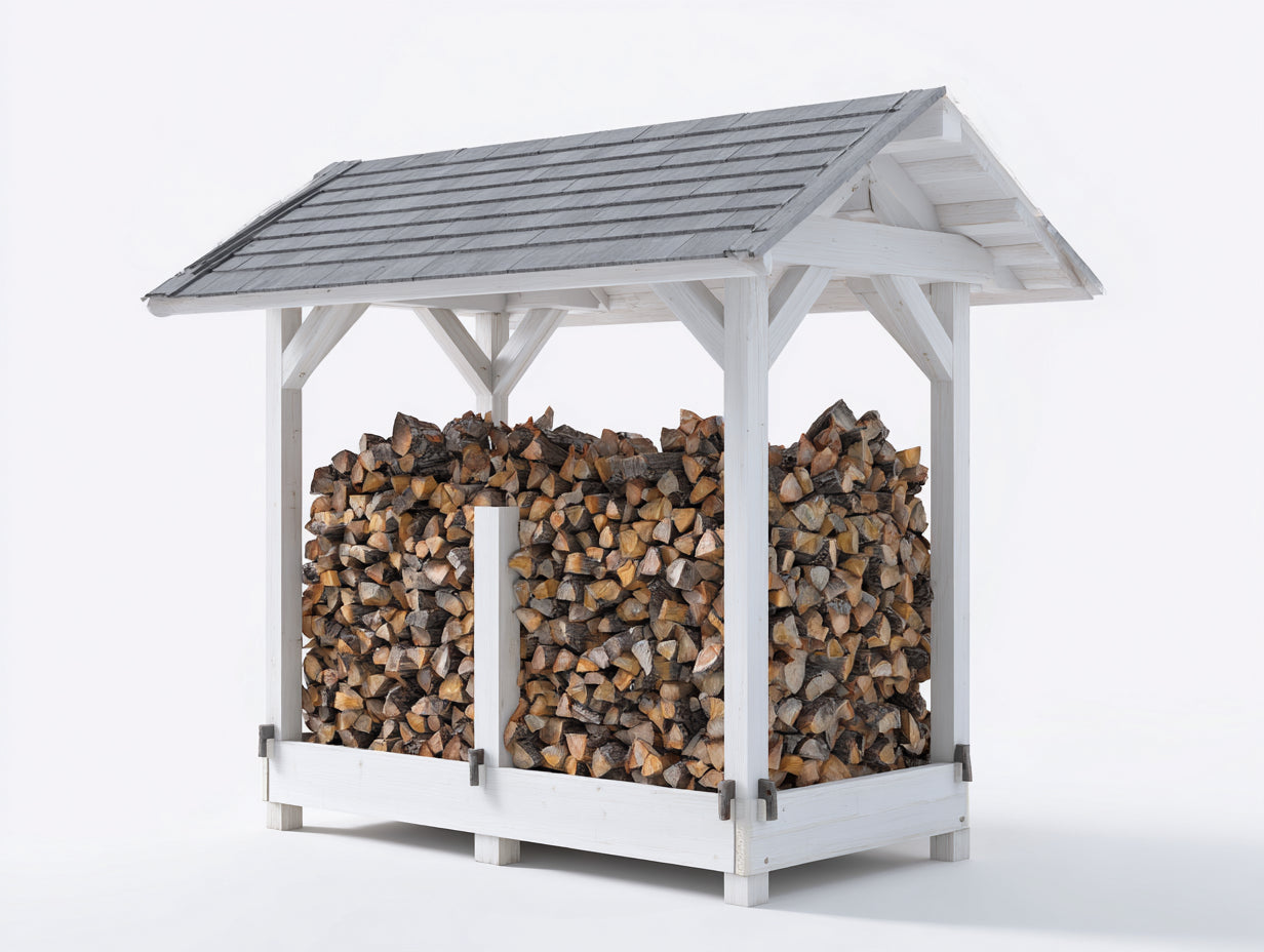 Kaminholzregal aus Holz mit Satteldach 180 x 80 x 190 cm - Weiß-Grau - offene Holzlagerung