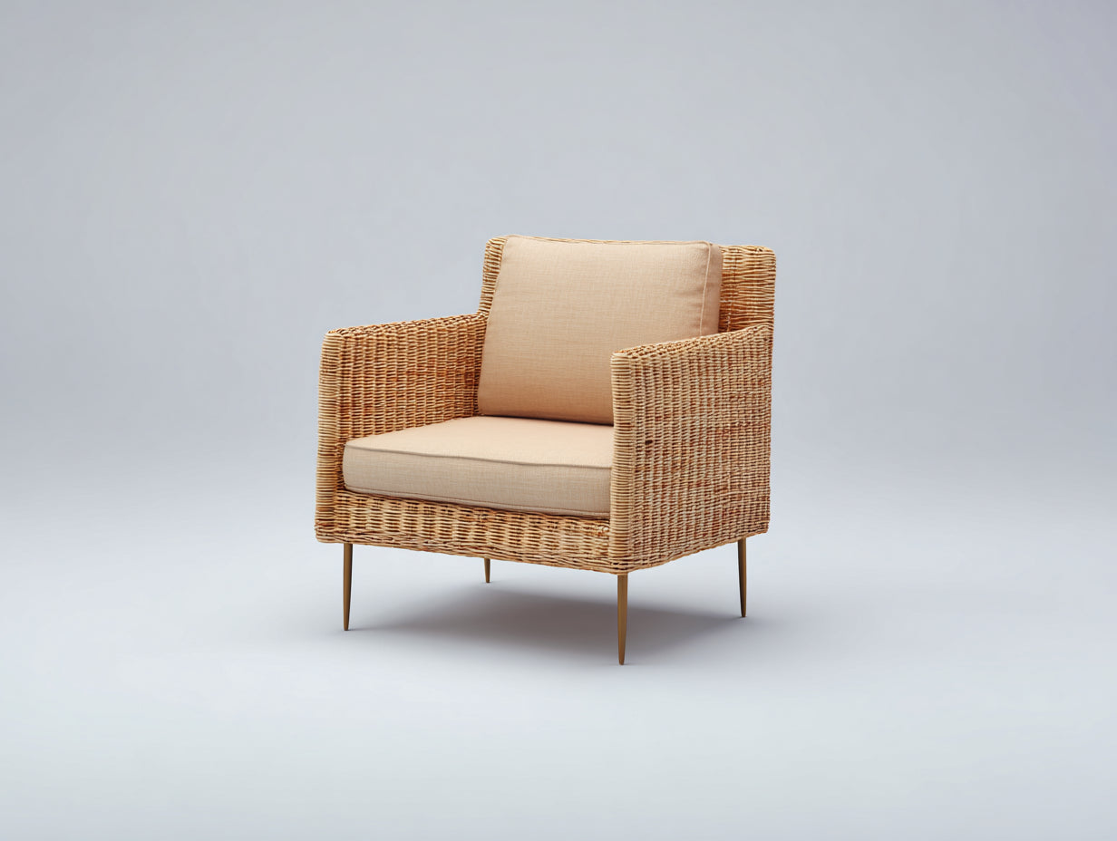 Polyrattan Gartensessel - Naturbeiges Geflecht mit beigen Polstern 76 x 74 x 82 cm - Moderner Loungesessel für Garten
