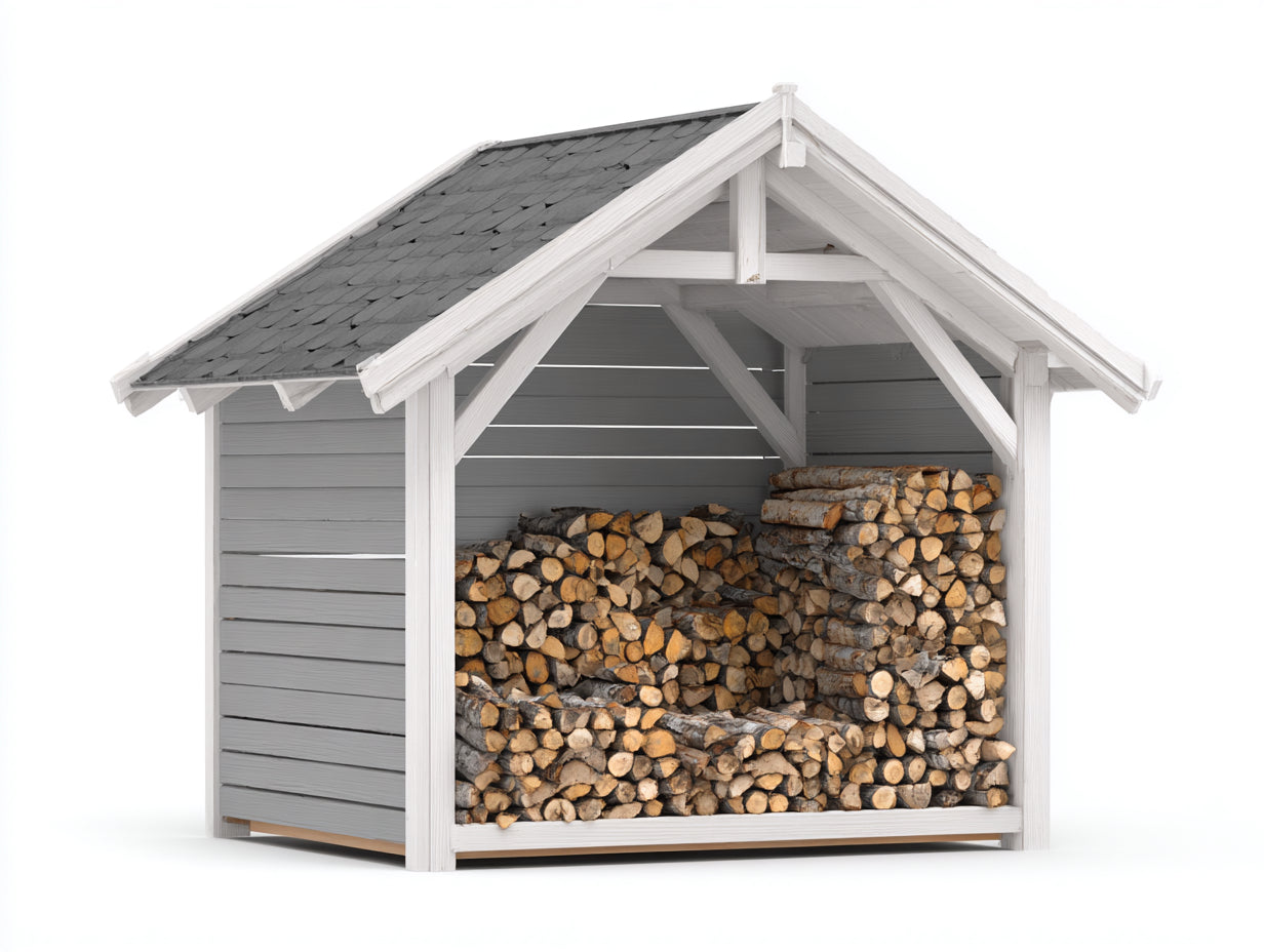 Kaminholzregal aus Holz mit Satteldach 180 x 70 x 190 cm - Weiß-Grau - wettergeschützte Holzlagerung