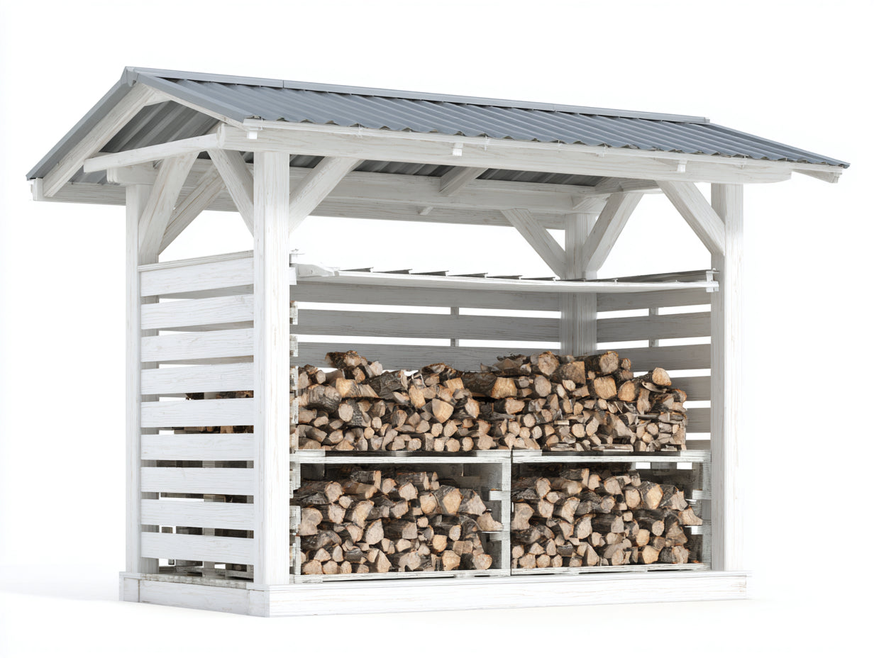 Kaminholzregal Holz mit Metalldach 260x120x220 cm - Weiß-Grau - Rustikales Design für Garten
