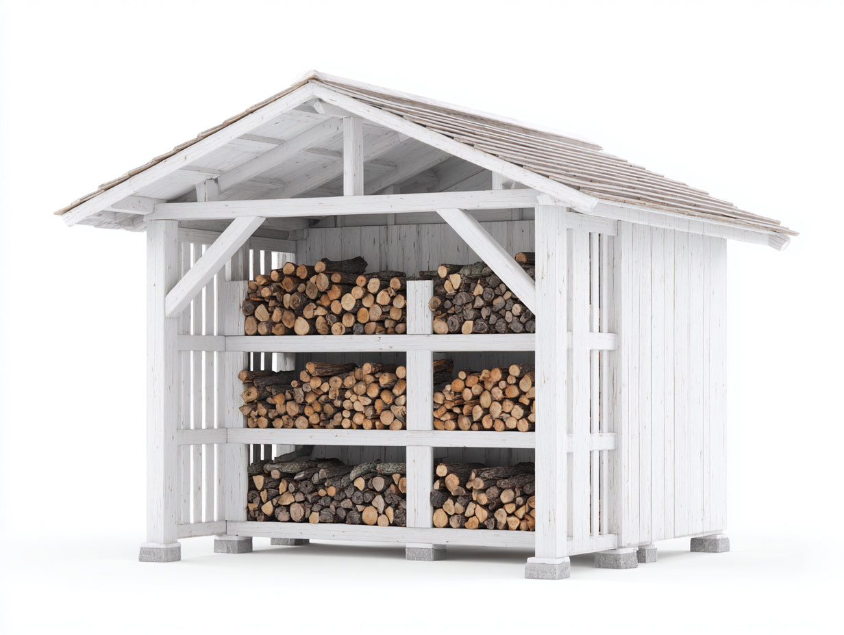 Kaminholzregal Holz Weiß mit 6 Fächern und Satteldach 240x90x180 cm - Überdachter Außenbereich
