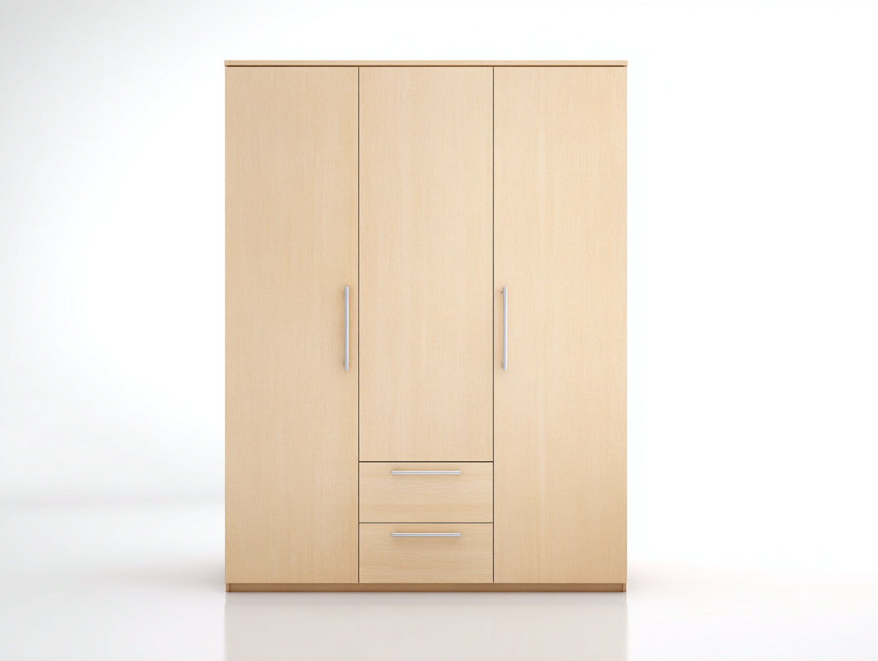 Kleiderschrank Holzwerkstoff 120x50x180 cm - Hellholzfarben-Silberfarben - 3 Türen und 2 Schubladen für Schlafzimmer