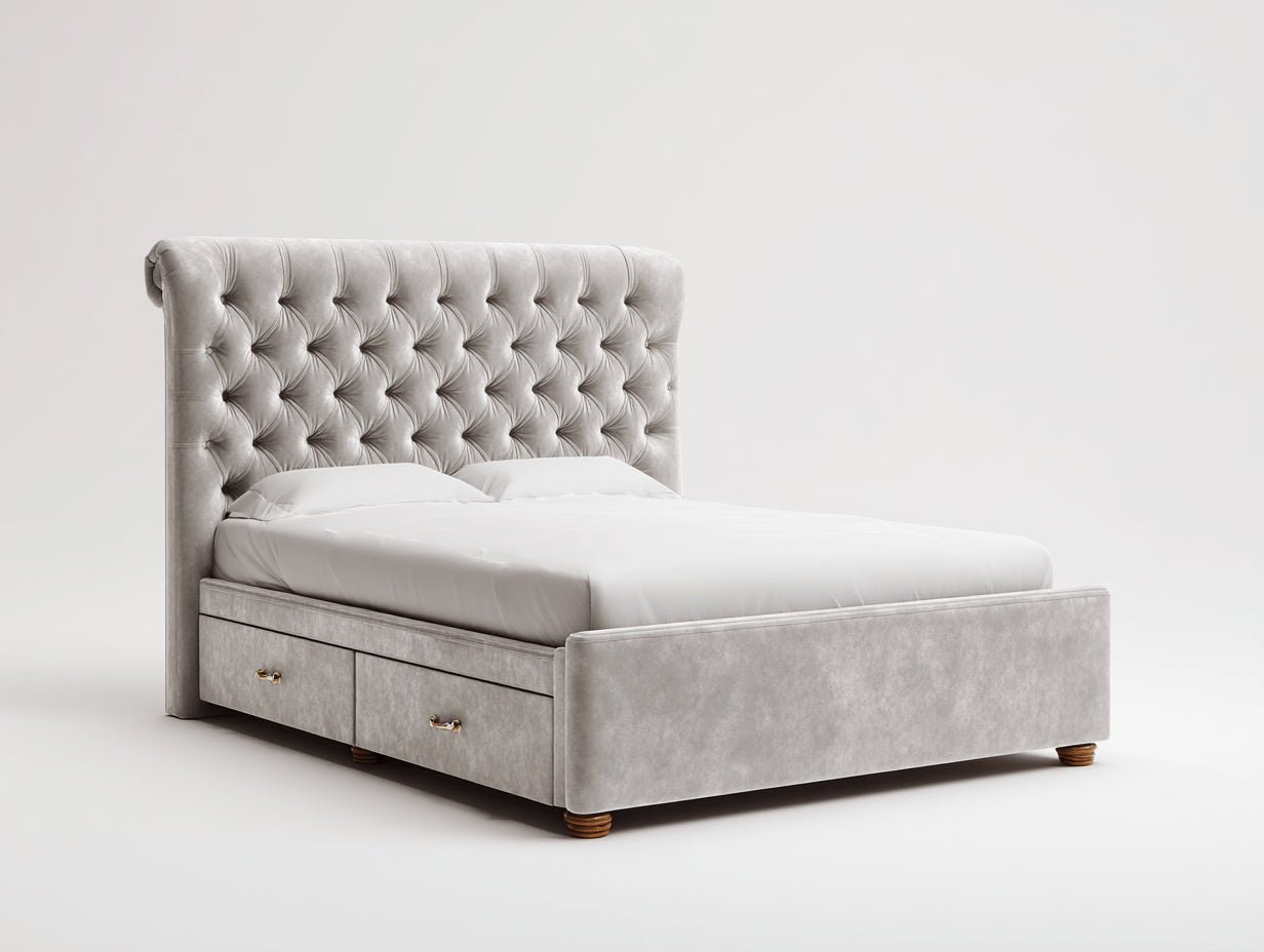 Doppelbett Samt gepolstert 218x192x145 cm - Hellgrau - Chesterfield Kopfteil mit Schubladen für Schlafzimmer
