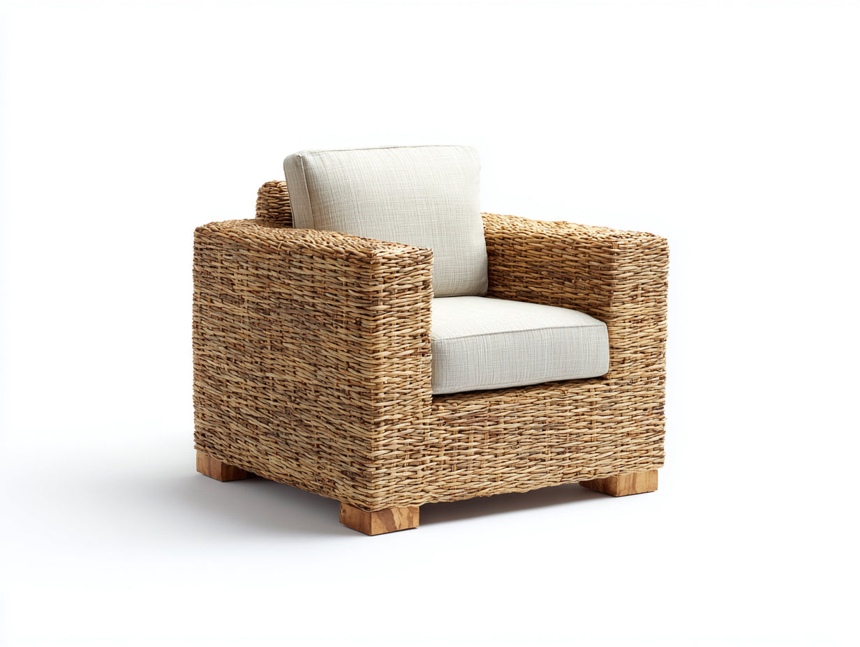 Polyrattan Gartensessel Naturbraun mit beigem Polster 90x84x73 cm - Geflochtener Außenbereich