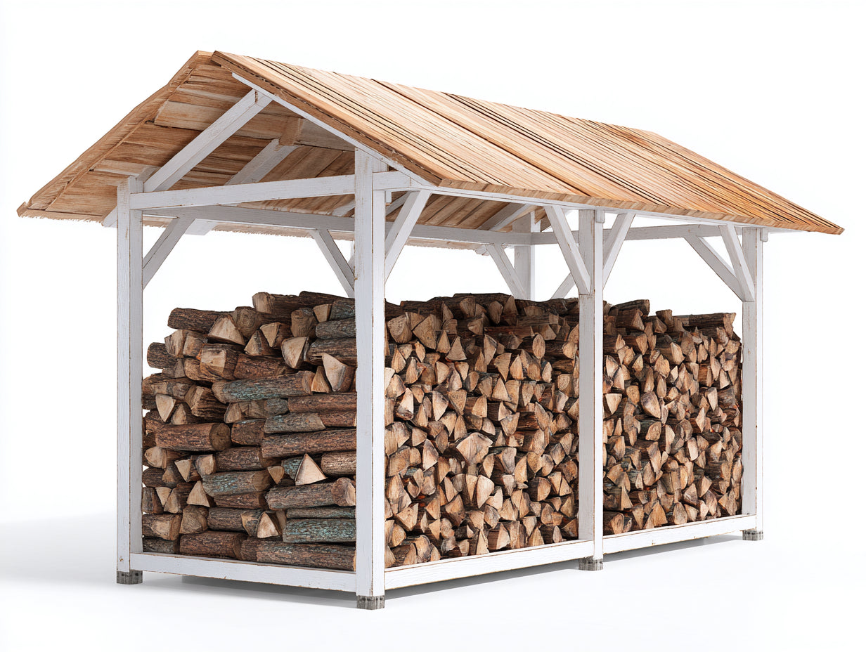 Kaminholzregal - Weißer Holzrahmen mit Naturholzdach 360 x 130 x 230 cm - Überdachter Brennholzunterstand für Außenbereich