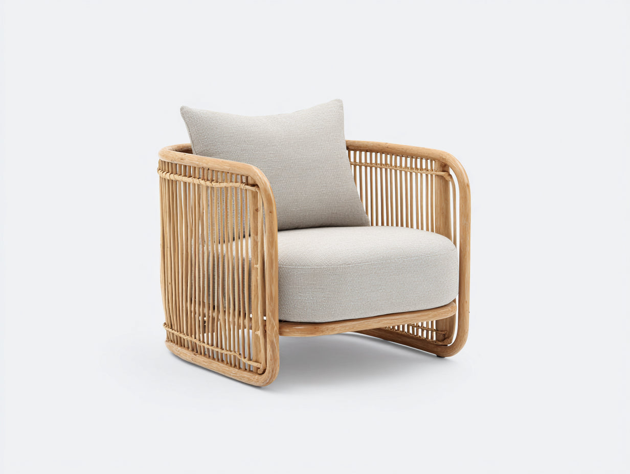 Polyrattan Gartensessel 78x74x76 cm - Naturfarben-Beige - gebogener Rahmen mit Armlehnen für Garten und Terrasse