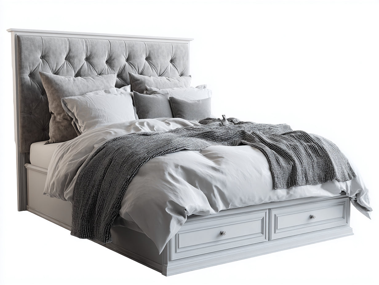 Doppelbett Holzwerkstoff 218x190x145 cm - Weiß-Grau - gepolstertes Kopfteil mit Schubladen für Schlafzimmer