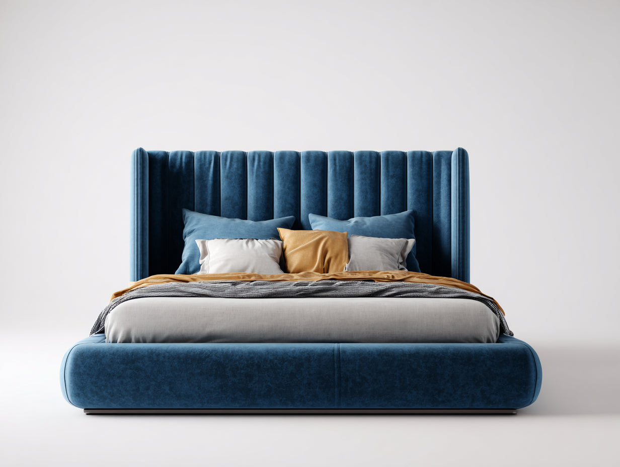 Doppelbett Veloursbezug Blau mit hohem Polsterkopfteil 220x190x125 cm - Modernes Schlafzimmer