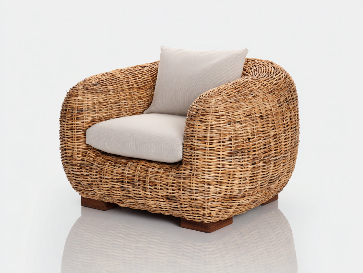 Polyrattan Gartensessel - Naturbeiges Geflecht mit beiger Polsterung 96 x 88 x 76 cm - Moderner Loungesessel für Garten