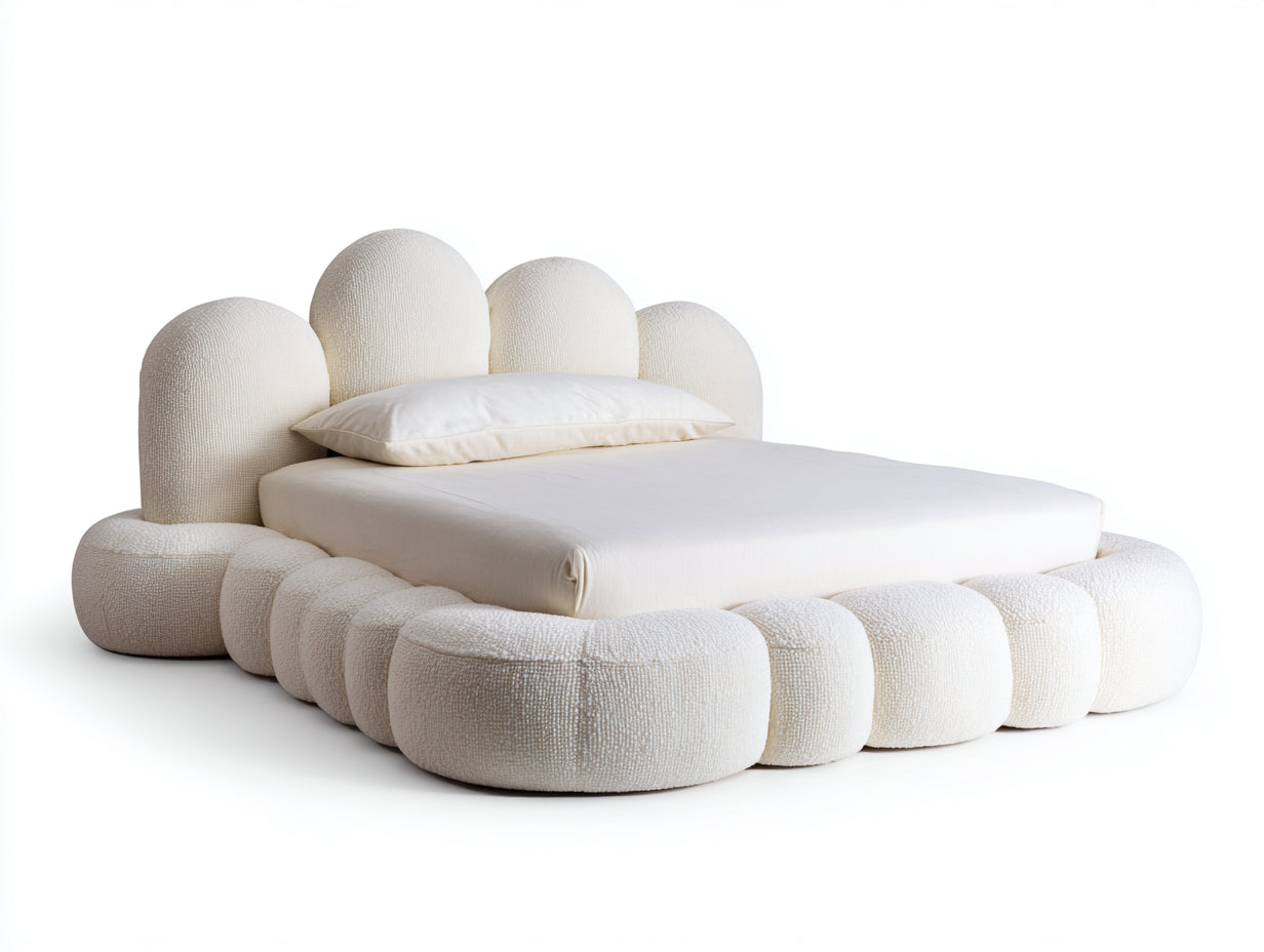 Doppelbett Bouclé Stoff Cremeweiß mit rundem Polsterrahmen 230x208x105 cm - Modernes Schlafzimmer